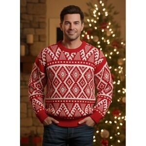 EMS Sweater Mens Small Red Fair isle Geometric Pullover Chunky Christmas Holiday